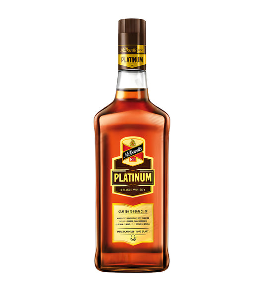 Clear glass bottle, pale golden whisky, sleek label with platinum accents, white background, realistic shadows and reflections