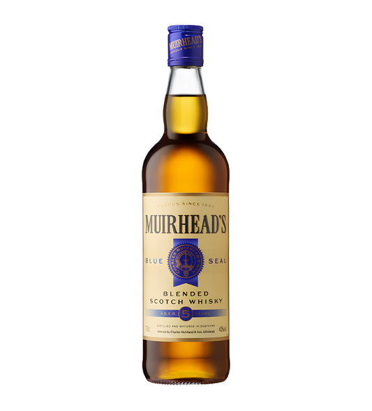 Classic Scotch bottle, amber whisky, traditional Muirheads label, white background, subtle reflections and shadows