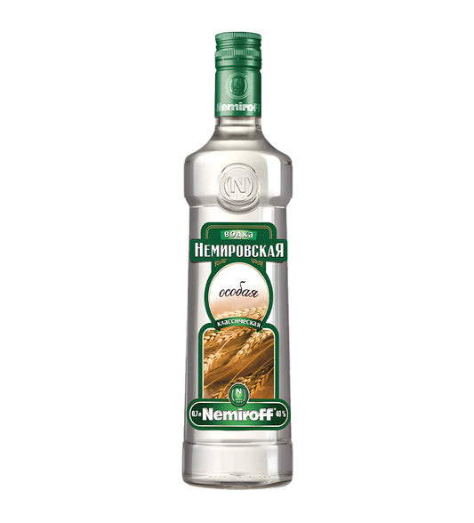 Nemiroff Osobaya Vodka 1L clear glass bottle on white background, white and gold label with brand logo and Cyrillic text