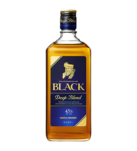 Clear glass bottle, dark amber whisky, black-themed label with gold accents, white background, studio lighting highlighting depth and color.