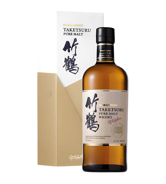 Elegant clear bottle, deep amber whisky, minimalist Taketsuru label with Japanese lettering, white background, realistic shadows and reflections