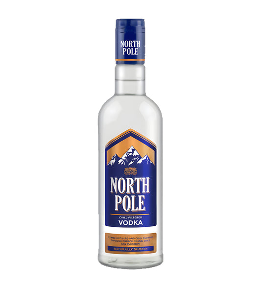 North Pole Chill Filter Vodka 1L clear glass bottle on white background, silver and blue label with polar imagery and brand logo