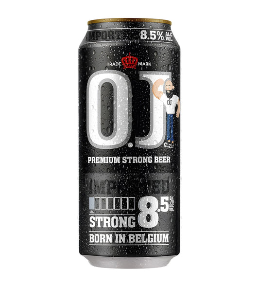 Black can of O.J. Premium Strong Beer with branding and text on a white background