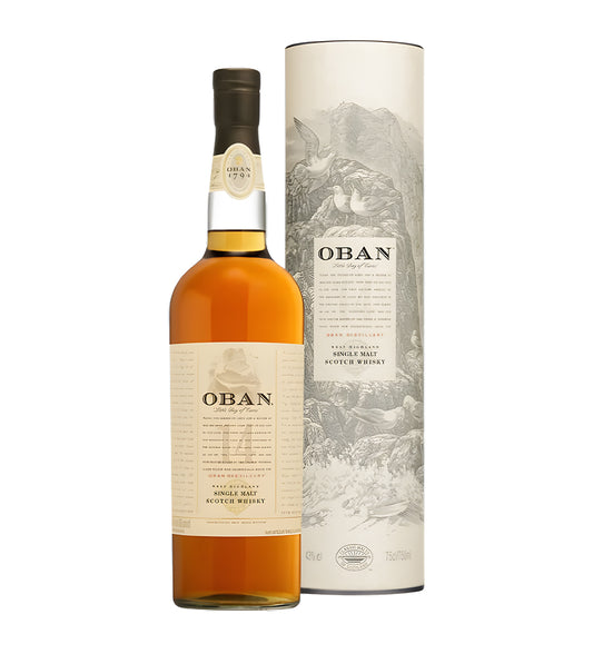 Classic Scotch bottle, rich amber whisky, Oban 14 label with gold accents, white background, cinematic lighting highlighting the bottle shape and color.