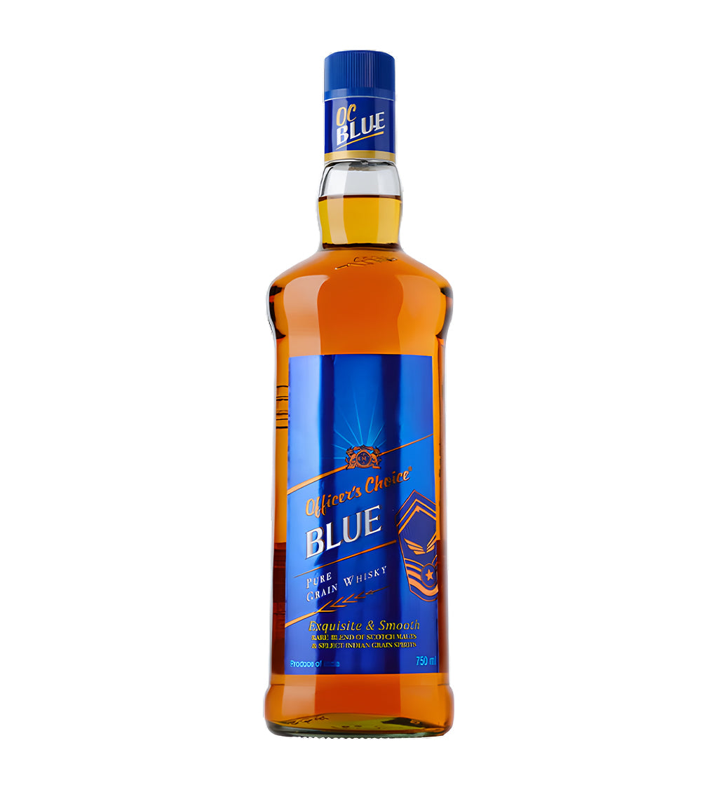 Blue-themed label variant, amber whisky, standard 75cl bottle, white background, studio lighting emphasizing label and clarity.