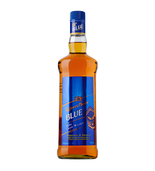 Blue-themed label variant, amber whisky, standard 75cl bottle, white background, studio lighting emphasizing label and clarity.