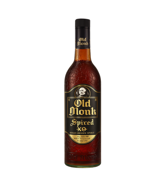 Old Monk Spiced Extra XO Rum 75cl dark bottle with black and gold label on white background