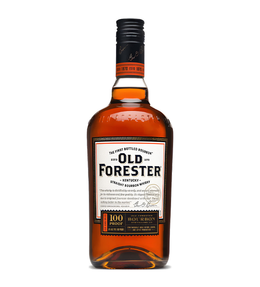 Large bottle, deep golden-brown bourbon, classic Old Forester label, white background, cinematic reflections and shadows.