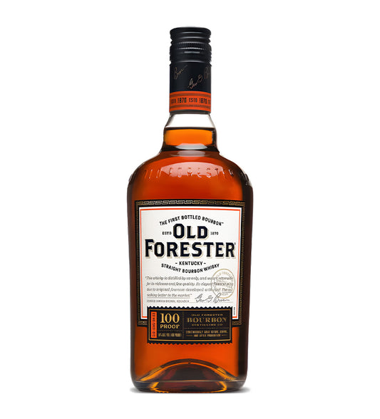 Large bottle, deep golden-brown bourbon, classic Old Forester label, white background, cinematic reflections and shadows.