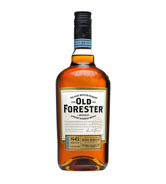 Large bottle, slightly lighter golden bourbon, standard Old Forester label, white background, realistic reflections and subtle shadows.