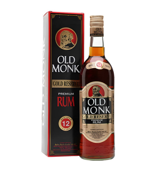 Old Monk Gold Reserve Rum 75cl bottle with gold label on white background