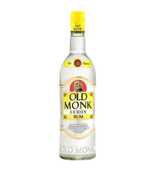 Old Monk Lemon Rum 75cl bottle with yellow label on white background