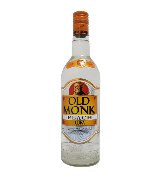 Old Monk Peach Rum 75cl dark glass bottle on white background, black and peach label with monk illustration and brand logo