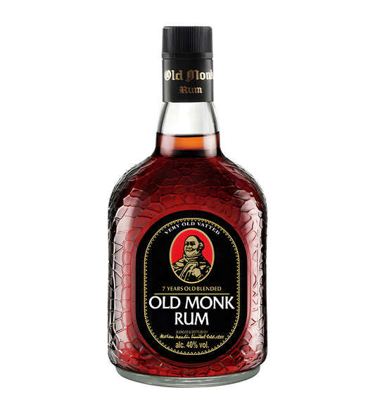 Old Monk Rum 18cl dark bottle with black label on white background