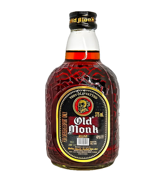Old Monk Rum 37.5cl dark bottle with black label on white background