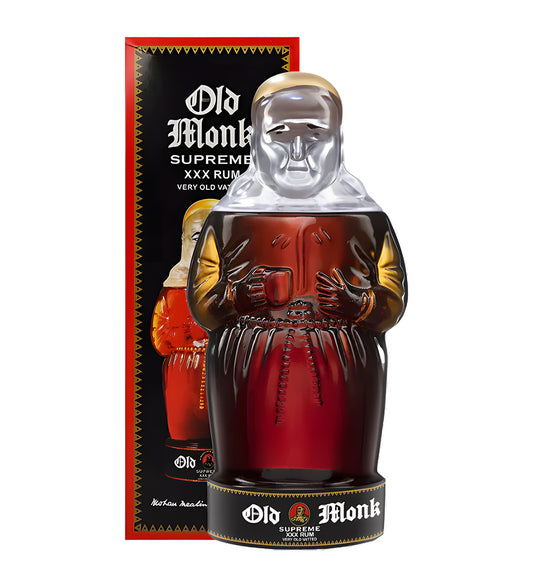 Old Monk Supreme Rum 75cl bottle shaped like a monk with dark label on white background