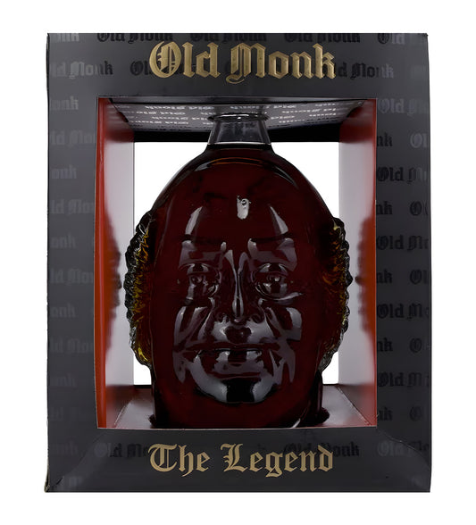 Old Monk The Legend Rum 1L sculpted bottle with black label on white background
