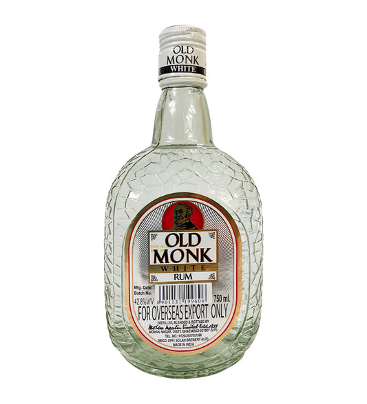 Old Monk White Rum 75cl clear bottle with white label on white background