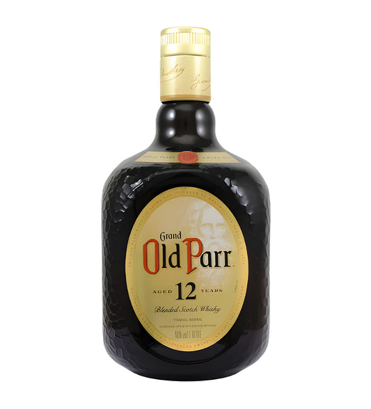Classic Scotch bottle, amber whisky, Old Parr 12 label with gold and black accents, full 1L size, white background, realistic shadows and highlights.