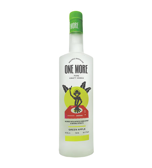 One More Craft Green Apple Vodka 75cl clear glass bottle on white background, green label with apple imagery and brand logo