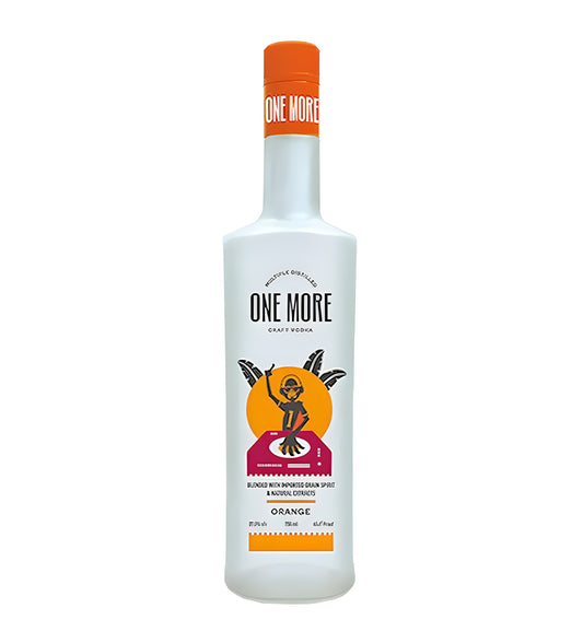 One More Premium Craft Orange Vodka 75cl clear glass bottle on white background, orange label with citrus imagery and brand logo