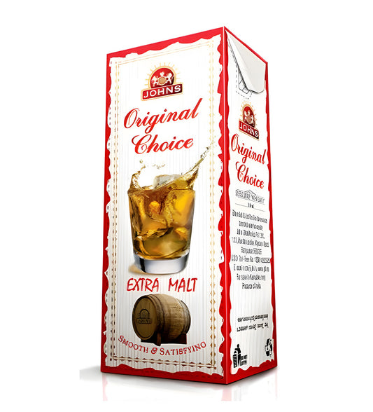 Mini tetra pack bottle, amber whisky, Original Choice label with premium design cues, white background, soft reflections.