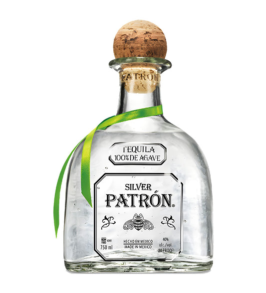 Patrón Silver Tequila 75cl clear glass bottle on white background, clear spirit with cork stopper and cream label featuring agave design