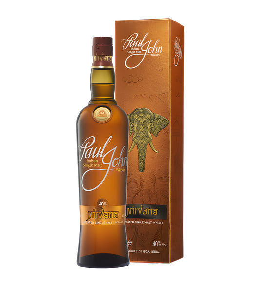 Elegant Indian single malt, dark amber whisky, Paul John Nirvana label, white background, cinematic highlights and soft shadows.
