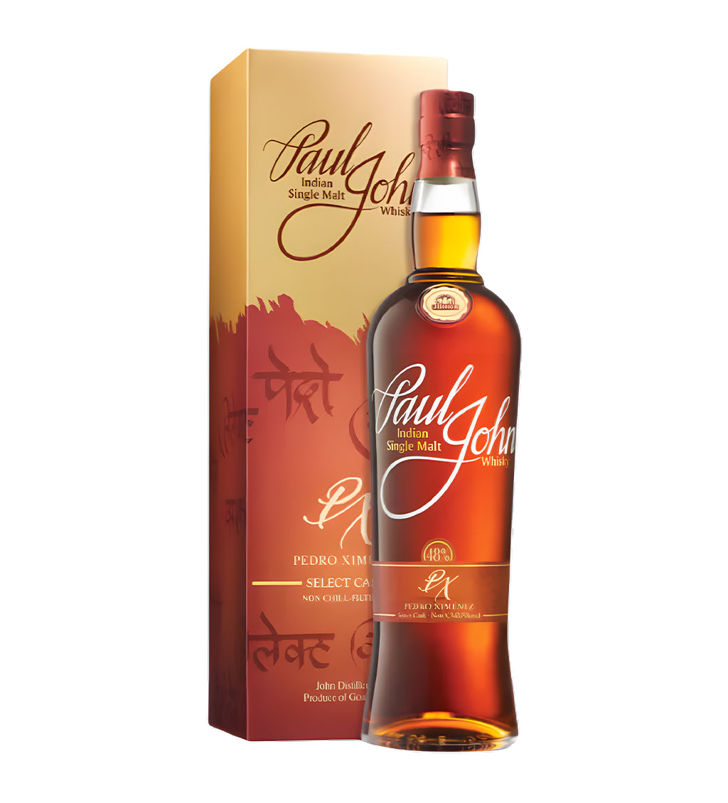 Deep amber whisky, PX cask variant, Paul John branding, 70cl bottle, white background, soft highlights on curves and label.