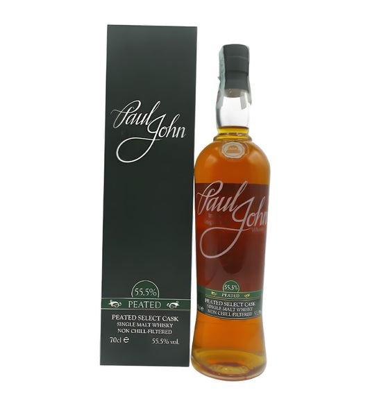 Festive edition, amber whisky, Paul John label with Xmas 2022 details, white background, subtle warm lighting.