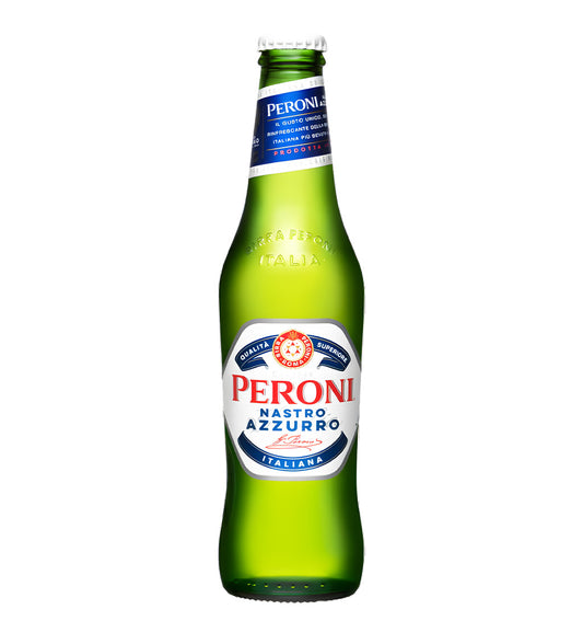 Green Peroni beer bottle on a white background