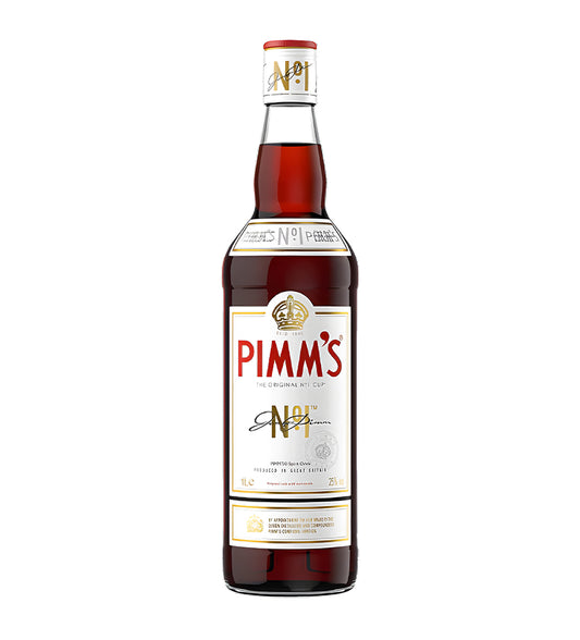 Clear spirit bottle, Pimms No.1 classic label, 1L size, white background, realistic reflections and subtle shadowing.