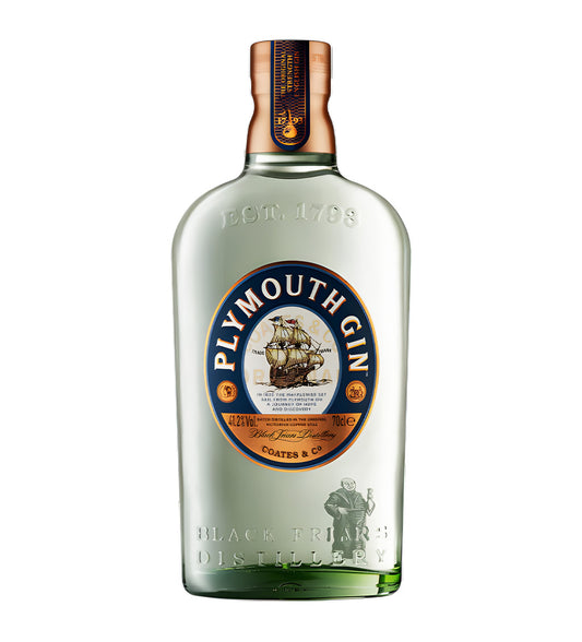 Plymouth Gin 70cl clear glass bottle on white background, oval navy and gold label with ship emblem