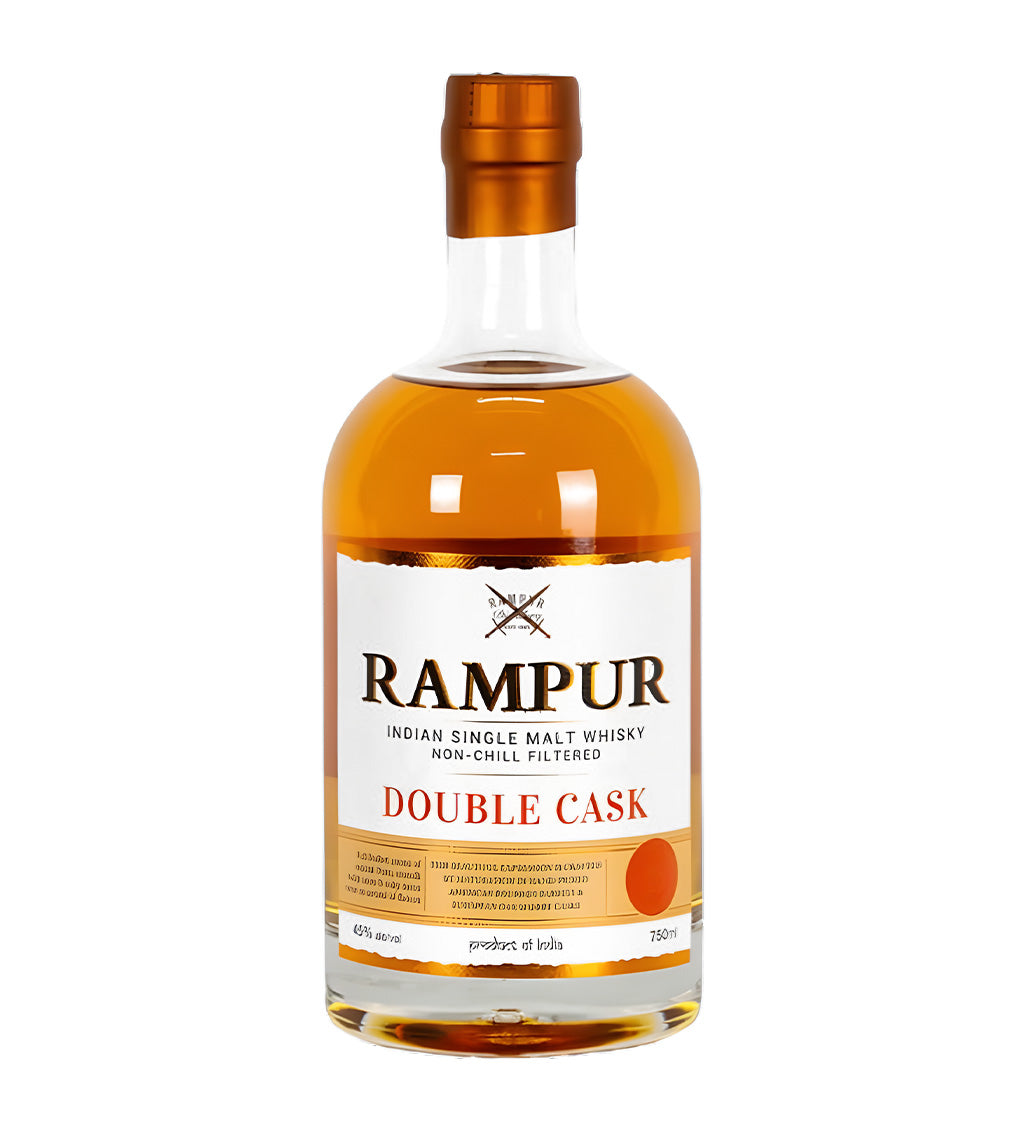 Amber whisky, elegant Rampur label, comes with premium canister, 75cl bottle, white background, cinematic highlights on both bottle and canister.