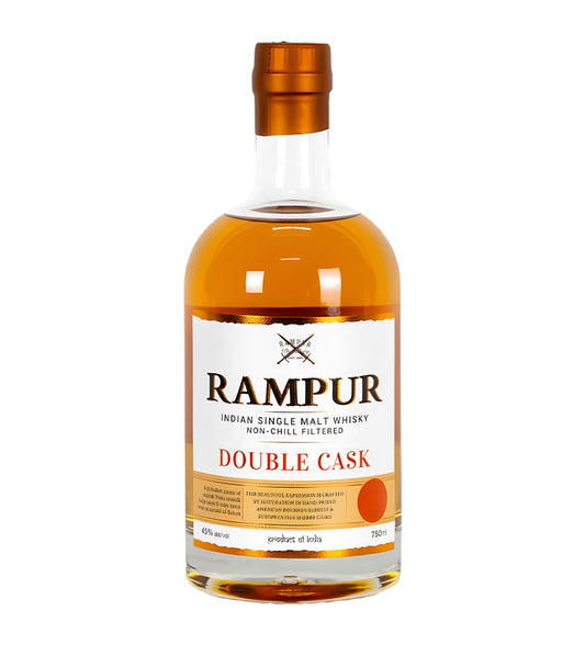 Amber whisky, elegant Rampur label, comes with premium canister, 75cl bottle, white background, cinematic highlights on both bottle and canister.