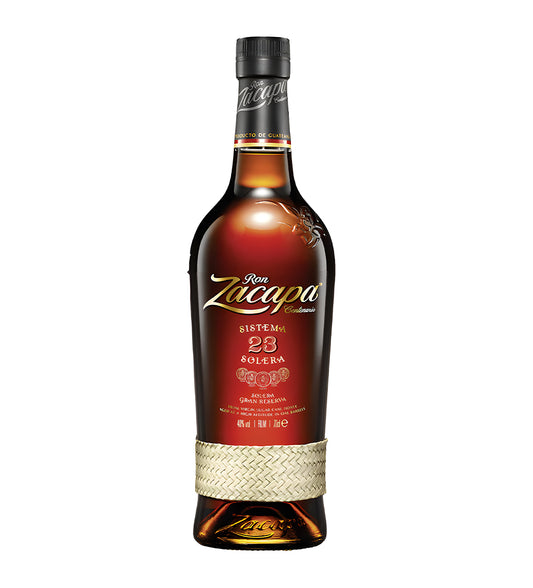 Ron Zacapa 23 Years Rum 75cl dark bottle with woven band and gold label on white background