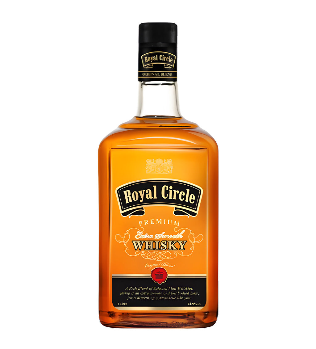 Deep amber whisky, Royal Circle classic label, 1L bottle, white background, cinematic lighting with realistic reflections