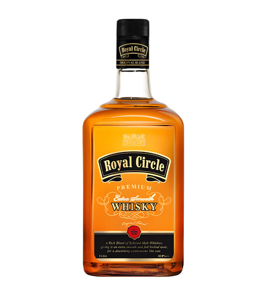 Deep amber whisky, Royal Circle classic label, 1L bottle, white background, cinematic lighting with realistic reflections