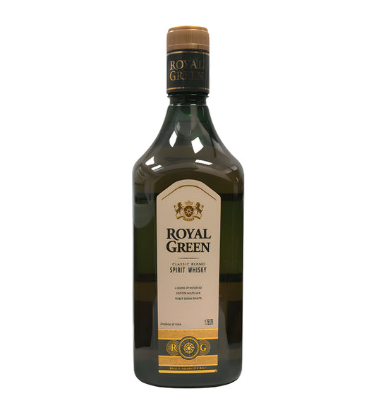 Large-format whisky bottle, deep amber liquid, classic label with green accents, 1.75L bottle, white background, realistic reflections and subtle shadows for depth.