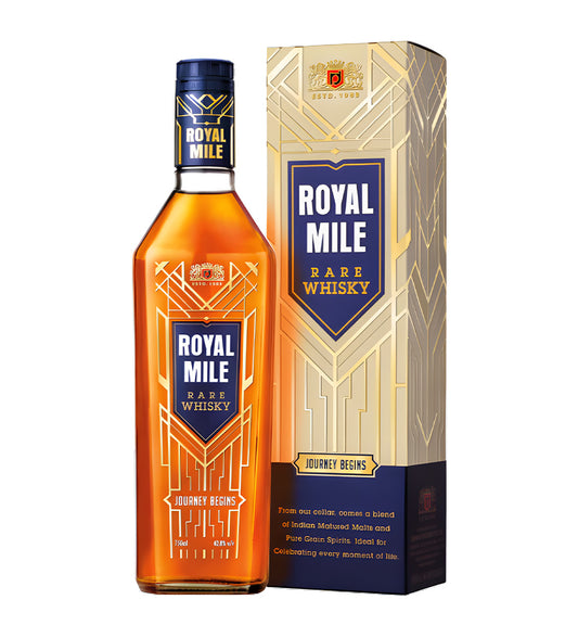 Premium amber whisky, elegant “Royal Mile” label, 75cl bottle, white background, cinematic lighting emphasizing glass clarity and label detail.