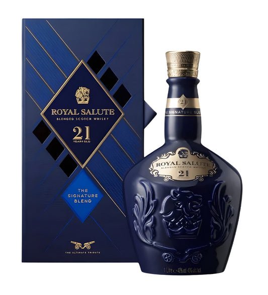 Deep amber aged whisky, iconic Royal Salute crest on label, 1L bottle, white background, cinematic lighting showing bottle shape and embossed details.