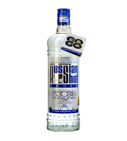  Russian Shot Vodka 1L clear glass bottle on white background, white and red label with brand logo and Cyrillic text