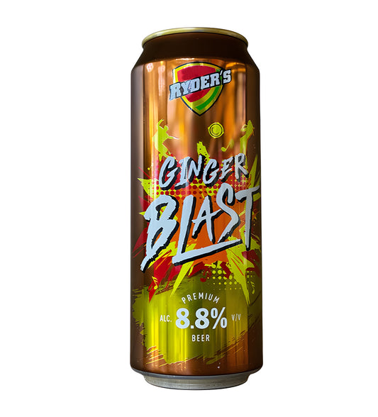 Can of Ryder's Ginger Blast beer on a white background