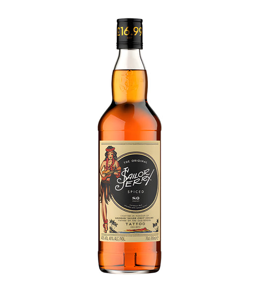 Sailor Jerry Premium Rum 70cl bottle with beige label featuring sailor girl illustration on white background
