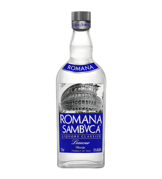 Romana Sambvca liquor bottle on a white background