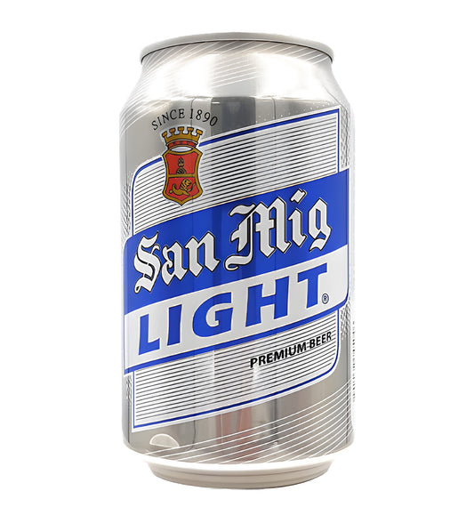 San Miguel Light lager beer 33cl can on white background, silver and blue design with brand logo