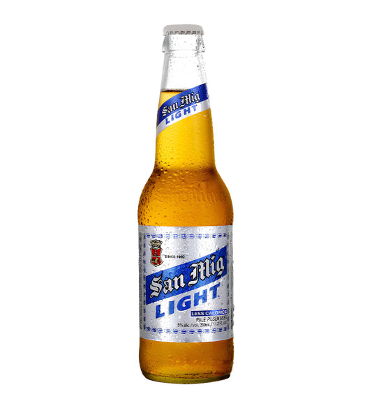 San Miguel Light beer bottle on a white background