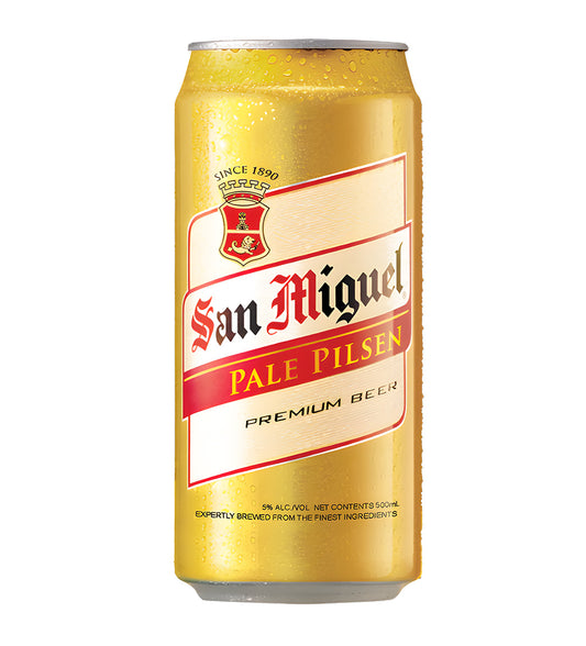 San Miguel Pale Pilsen beer can on a white background