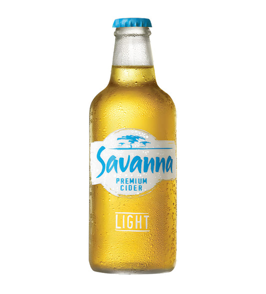 Savanna Light cider 33cl clear glass bottle on white background, golden liquid with white and gold label