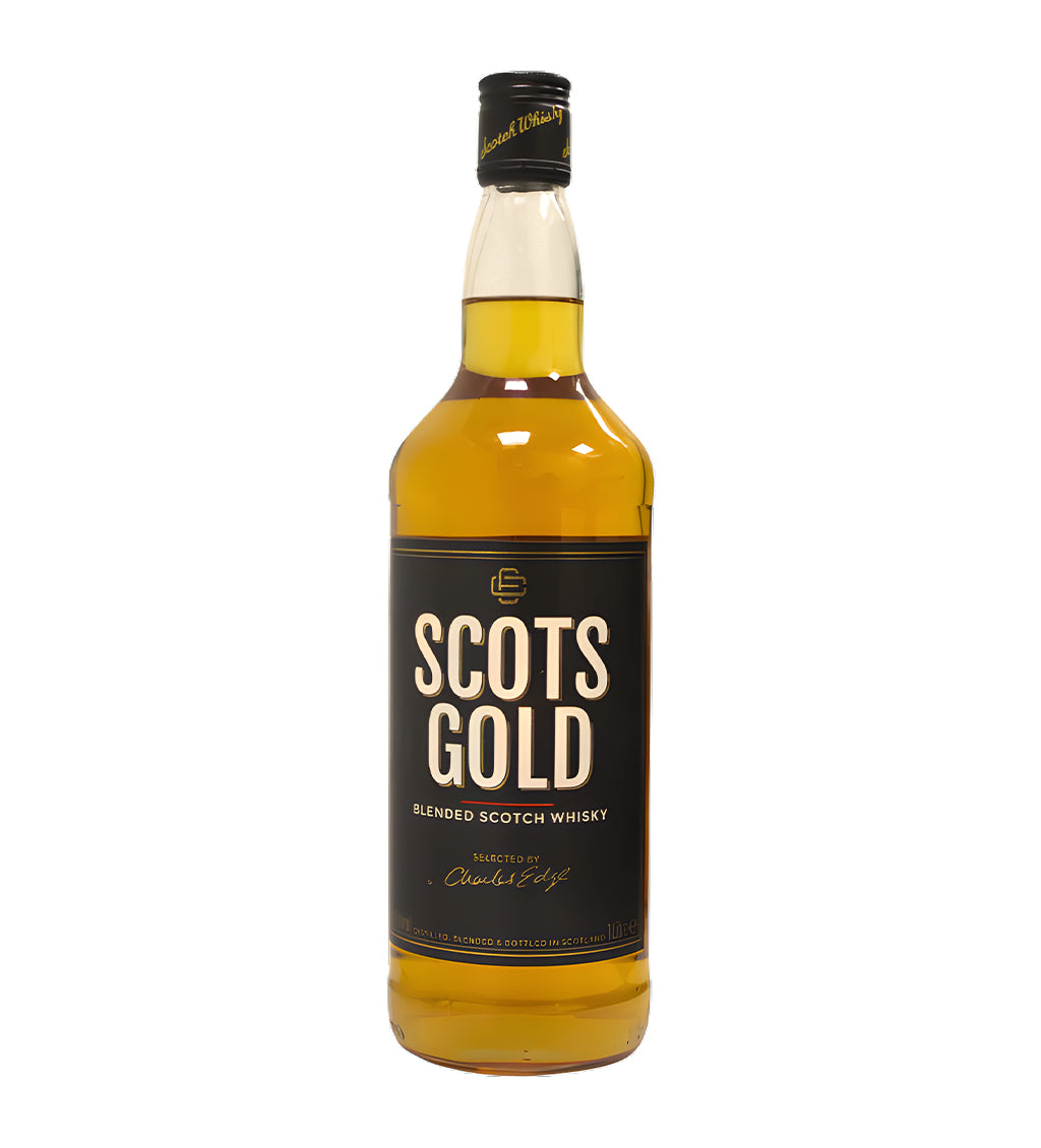 Light-to-medium amber whisky, 1L bottle, “Scots Gold” label in gold and black, white background, cinematic lighting emphasizing the clarity of glass and label details, subtle reflections on surface.